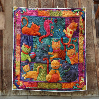 Cute Cats And Colorful Yarns Blanket- D201 - Premium Blanket